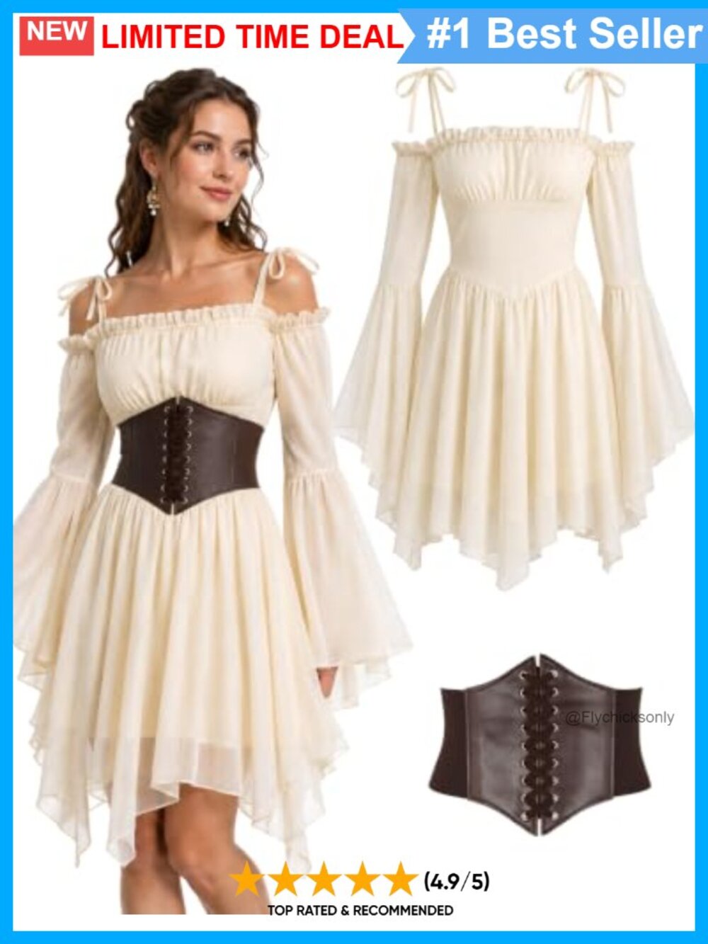 Renaissance Dress Set Chiffon Costume with Lace-Up Corset Belt